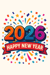 Happy New Year 2026 Confetti Burst, Bright Holiday Greeting with Colorful Dots