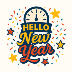 Hello New Year Clock with Confetti Countdown to Midnight, Festive Holiday Greeting