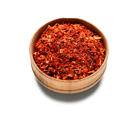 Wooden bowl with chili flakes isolated on white background
