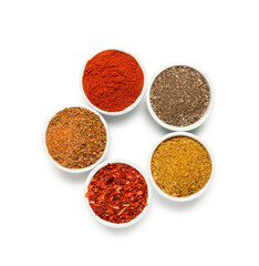 Composition with bowls of different aromatic spices on white background