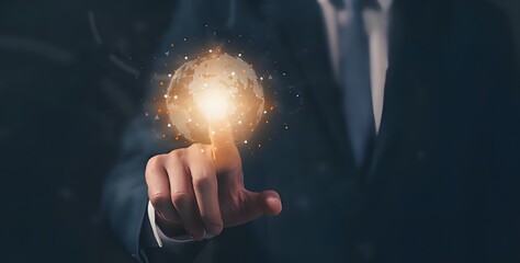 Man touching glowing digital network of data points in the dark