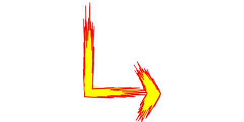 A vibrant yellow and red fiery arrow graphic pointing right, with a dynamic, brushstroke-like appearance on a clean white background.