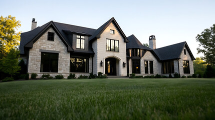 Obraz premium Expansive estate home featuring manicured lawn, stone facade, and dark trim. Timeless elegance and classic architecture blend seamlessly in this distinguished property.