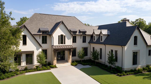Stunning architectural home with light exterior and black trim and windows. Well-manicured lawn and a long driveway invite visitors. The roof adds a touch of elegance.