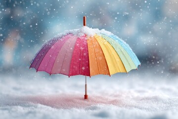 Fototapeta premium Colorful Umbrella in Winter Wonderland: A vibrant rainbow-colored umbrella stands gracefully amidst a snowy scene, its colorful canopy contrasting beautifully with the pristine white landscape