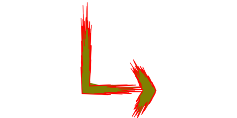 Abstract graphic of an L-shaped arrow in green and red brush strokes on a white background.