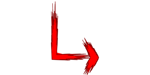 A red L-shaped arrow with a rough, brush-stroke texture pointing to the right on a plain white background.