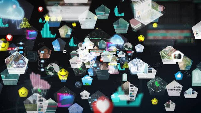 Bursting cluster of multimedia icons, data charts and digital symbols radiating outward in an energetic visualization of information overload, global connectivity and rapid online media activity.
