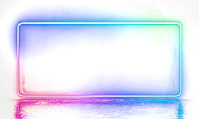 Multicolor Glowing Neon Rectangular Frame Border with Reflective Floor on a White Background, Abstract Futuristic Vibrant Light Box Design Template.