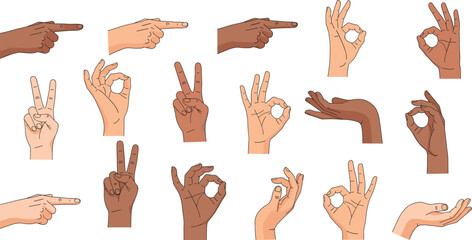 Diverse collection of vector human hand gestures, including pointing, OK, and peace signs with varying skin tones, ideal for communication and presentation design