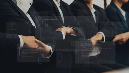 A team of diverse business professionals engaged in collaborative discussions about technology solutions, surrounded by digital data overlays in a modern office setting. Raster