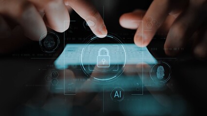 Cybersecurity system interface with biometric lock and data protection. Cybersecurity protects access, identity, cyber security prevents threats, and cyber security supports digital systems. Marrow