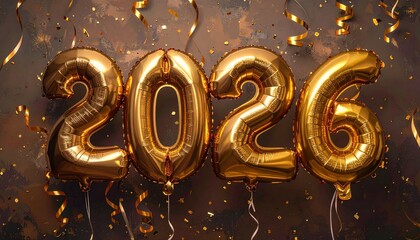 Golden “2026” balloons floating amid confetti and streamers on a dark festive background.