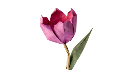 Handmade origami tulip flower with green leaf and brown stem, a perfect representation of craft and nature for spring celebrations and decorative purposes.