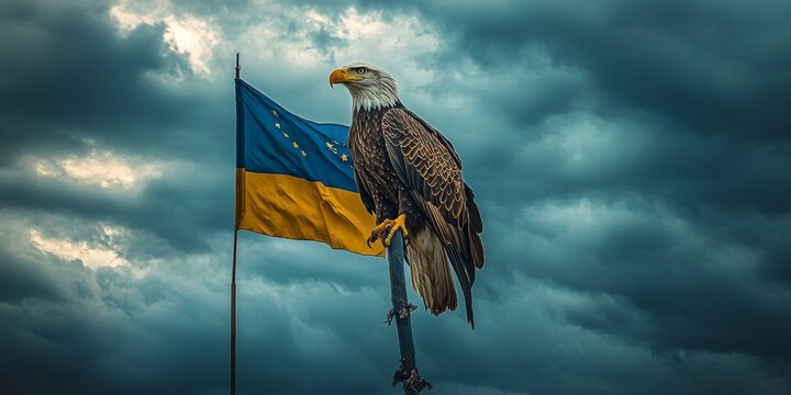 Bald eagle perched near ukrainian flag under stormy sky symbolizing international support - Powered by Adobe