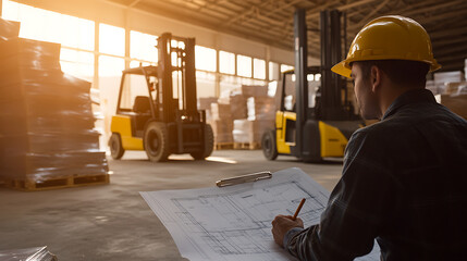 Warehouse operations manager reviews blueprints, overseeing logistics and inventory with forklifts in the background. Efficiency and planning in a modern storage facility.
