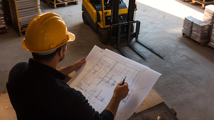 An engineer reviews blueprints wearing safety gear and an industrial work setting with equipment like a forklift, the lighting highlights the importance of precision in construction.