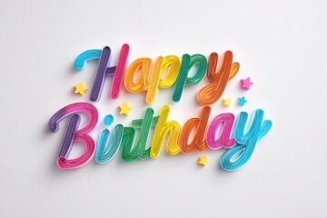 Polished rainbow happy birthday script in bold rounded letters with colorful stars, creating a vibrant and festive atmosphere for celebration and joy
