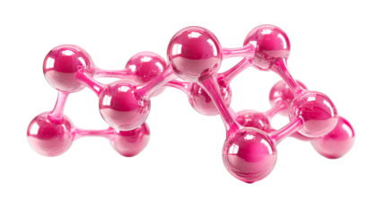 Abstract molecular structure with glowing pink spheres connected by translucent rods representing scientific research and innovation for medical or technological applications.