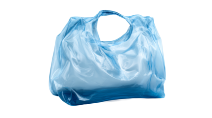 Translucent blue plastic shopping bag with handles, crumpled and flowing, ideal for retail, grocery, or environmental messaging projects.