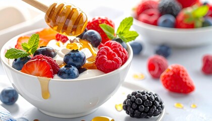 White bowl of yogurt topped with strawberries, blueberries, raspberries, blackberries, mint, and honey drizzle from dipper, with scattered berries and second bowl in soft background on textured surfac