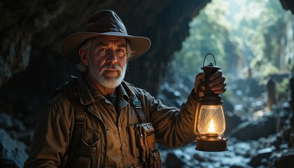 Seasoned explorer illuminates a dark cave with his trusty vintage lantern