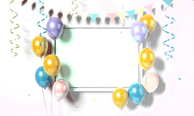 Dynamic Celebration Frame with Balloons and Powder Explosion Abstract Party Border Background Template for Events