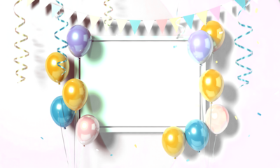 Dynamic Celebration Frame with Balloons and Powder Explosion Abstract Party Border Background Template for Events