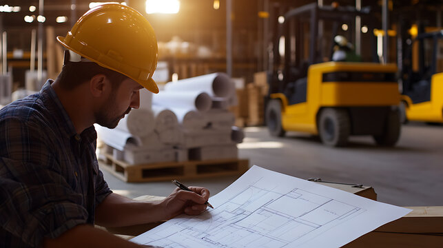 A construction worker in a hard hat reviews blueprints in a warehouse setting. Forklifts and building materials are visible in the background. Focusing on precision and project planning.