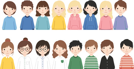 Vector collection of simple, stylized, and diverse multicultural avatars and portraits of young men and women for profile icons and community graphics