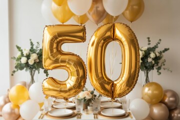 Golden balloons shaped as number 50 are prominently displayed at a festive table setting adorned with flowers and elegant decorations for a milestone celebration