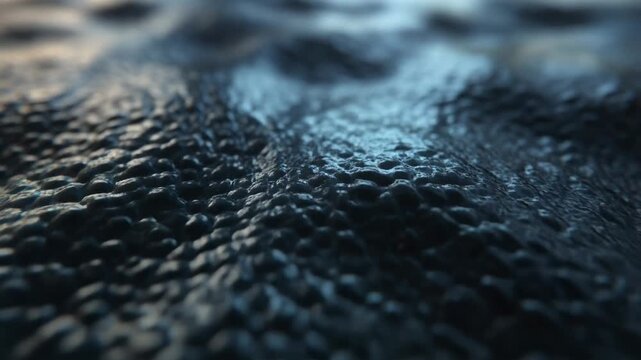 Close-up abstract view of a dark, textured surface with irregular ripples and subtle reflections.