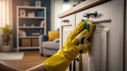 Close-up of a hand wearing a yellow glove cleaning a wooden cabinet with a