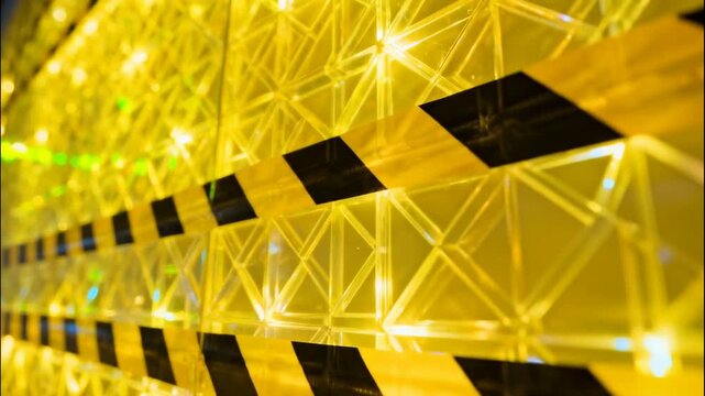 Yellow and Black Caution Tape Abstract Geometric Pattern with Bokeh Lights