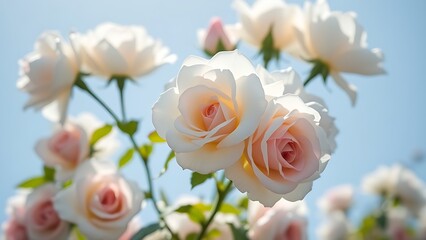 Close-up of white roses in full bloom against a vibrant blue sky.