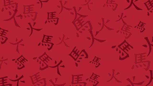 Seamless looping Chinese character and fire symbol pattern animation on red background. Ideal for Lunar New Year motion graphics, festive video backgrounds and cultural overlays.