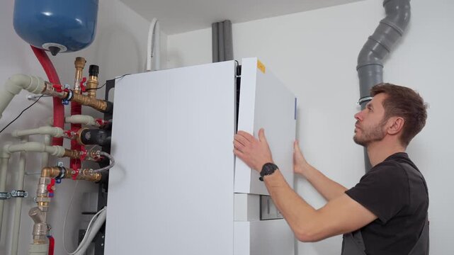 Technician open control panel with internal wiring to inspecting heat pump unit. Specialist servicing heating and cooling system. Concept of HVAC maintenance, home heating system and energy efficiency