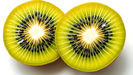 Vibrant green kiwi fruit sliced in half, showcasing fresh flesh with black seeds.