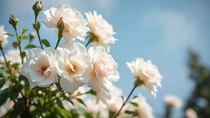 Fototapeta premium Close-up of white bush roses in full bloom against a soft blue sky, embodying spring garden beauty.