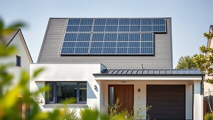 Modern house with solar panels on roof, clean architectural lines, sustainable living concept.