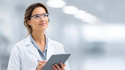 Female scientist in a white lab coat, wearing glasses, holding a clipboard, thoughtfully analyzing data in a bright laboratory environment, showcasing professionalism and dedication to research