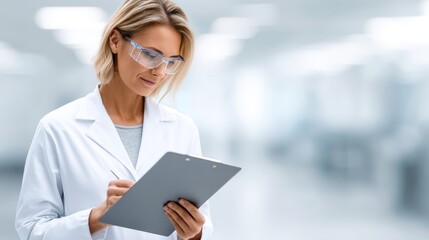 Female scientist in white lab coat, wearing glasses, is reviewing notes on a clipboard in a bright laboratory, showcasing a professional research environment with copy space