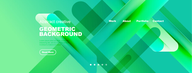 Modern design features vibrant green gradients, geometric shapes, text elements. Navigation includes work, about, portfolio, contact options.