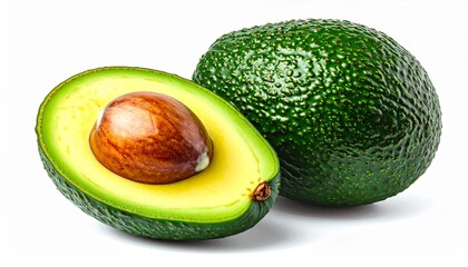 Fresh and vibrant whole avocado next to cut avocado with seed, perfect for food recipes, healthy lifestyle articles, or cooking blogs.