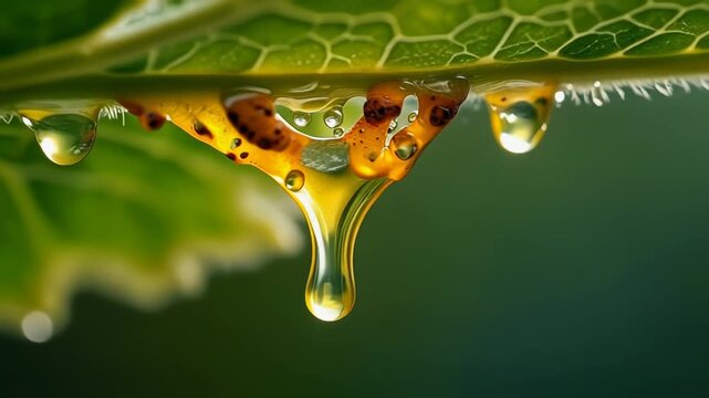 A macro shot of glistening water droplets clinging to the underside of a vibrant green leaf, with one drop poised to fall.