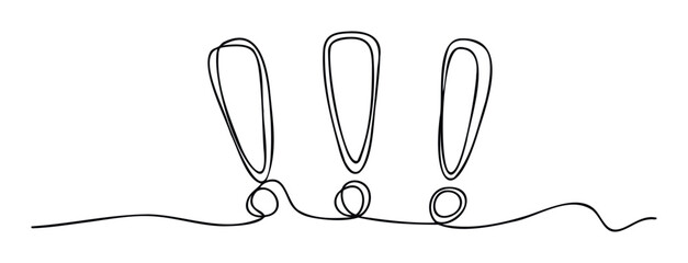 Minimalist single line drawing of three exclamation marks representing emphasis or urgency for use in typography or graphic statements