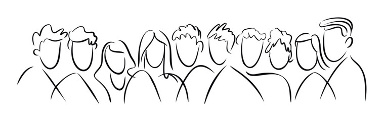 A lineup of simple, abstract line figures representing a diverse group of people, ideal for concepts of community, teamwork, or individuality in presentations and social media.