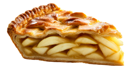 Deliciously golden baked apple pie slice with flaky crust and sweet fruit filling, perfect for food blogs and dessert advertisements showcasing comfort food and baked goods.