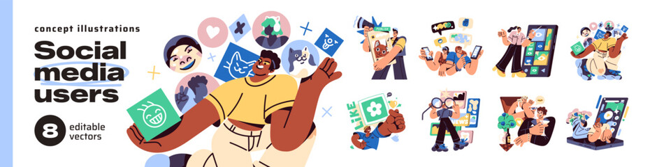 People using social media concept set. Men and women are texting and surfing internet. Online networks on smartphones. Characters chat by phone. Flat isolated vector illustrations on white background