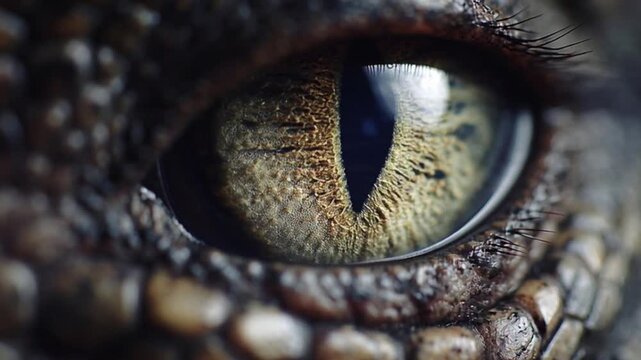 Close-up detailed view of a reptile's eye, showcasing intricate scales and a vertical pupil